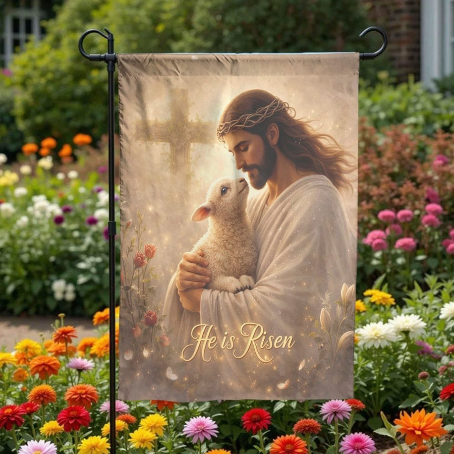 He is Risen Garden Flag | Jesus Holding Lamb with Cross Art | Weather-Resistant Double Sided | Christian Easter Home Decor Gift