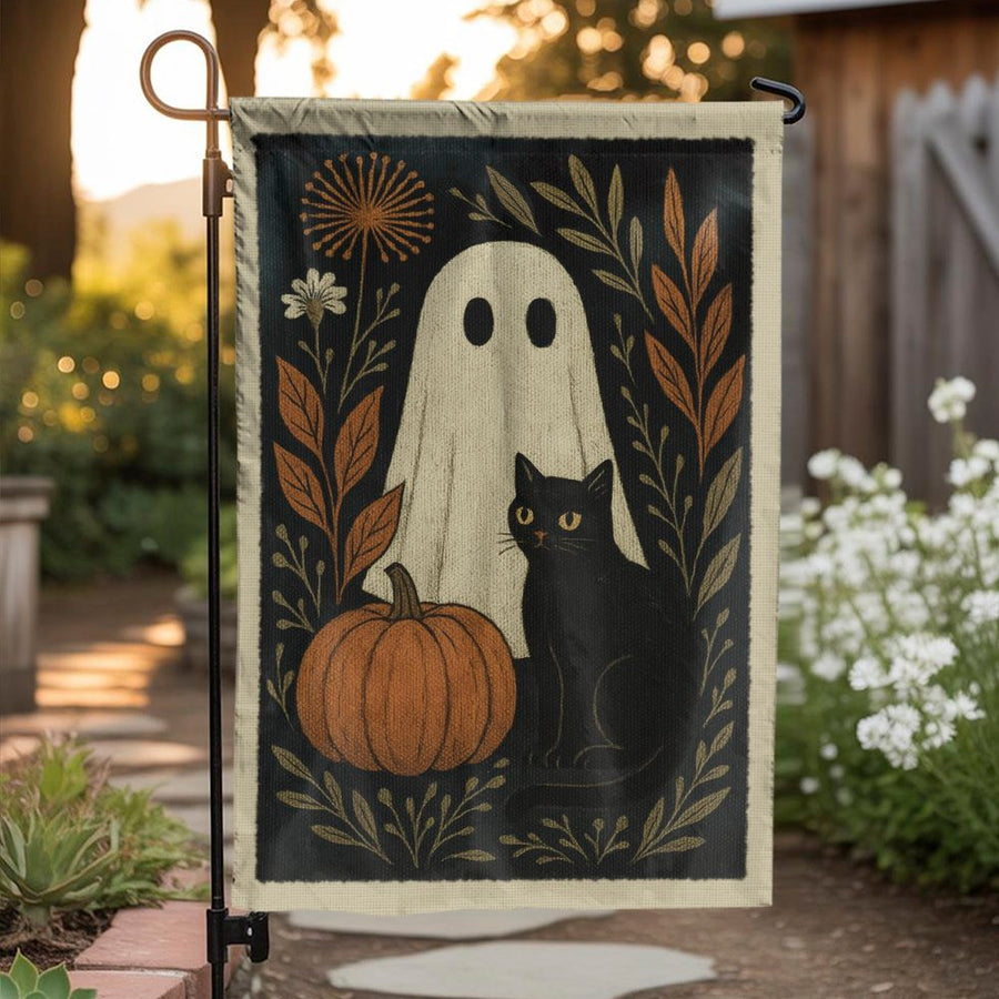 Vintage Ghost and Black Cat Garden Flag | Retro Spooky Pumpkin Illustration | Double Sided Weatherproof Polyester | Fall Yard Decor & Seasonal Gift