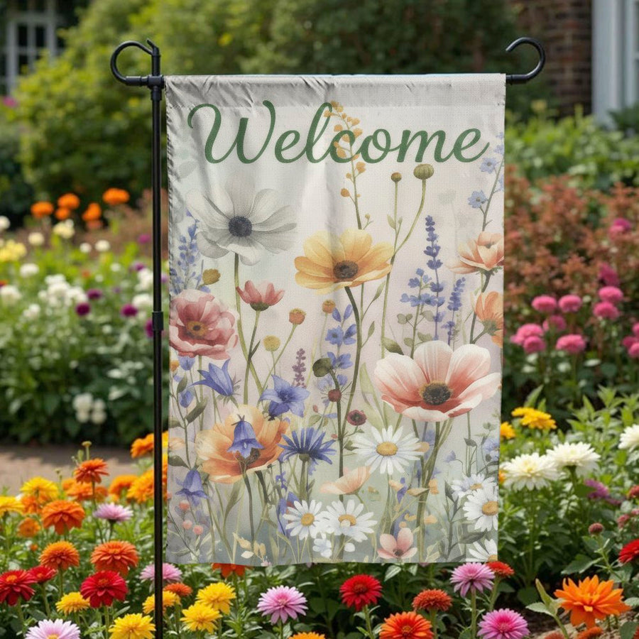 Watercolor Wildflower Welcome Flag | Vertical Garden & House Banner | Premium Double Sided Fabric | Spring Summer Outdoor Decor Gift for Gardener