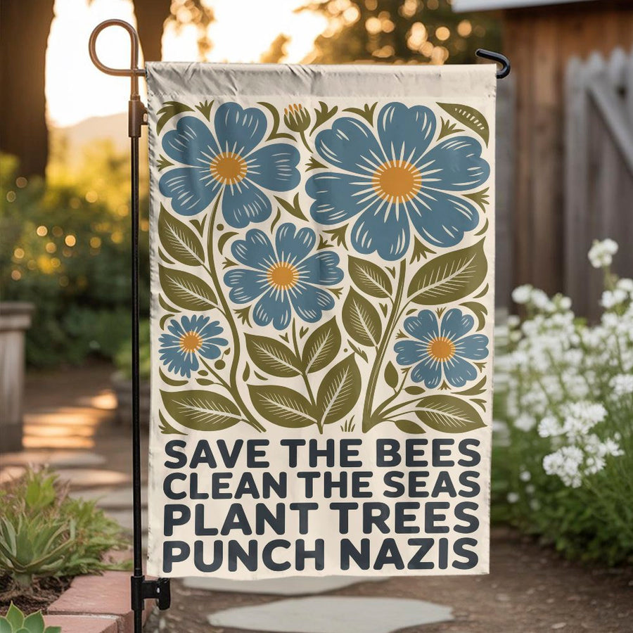 Save The Bees Garden Flag | Social Justice & Resist Slogan | Premium Double Sided Polyester | Gift for Environmental Activist & Progressive Yard Decor