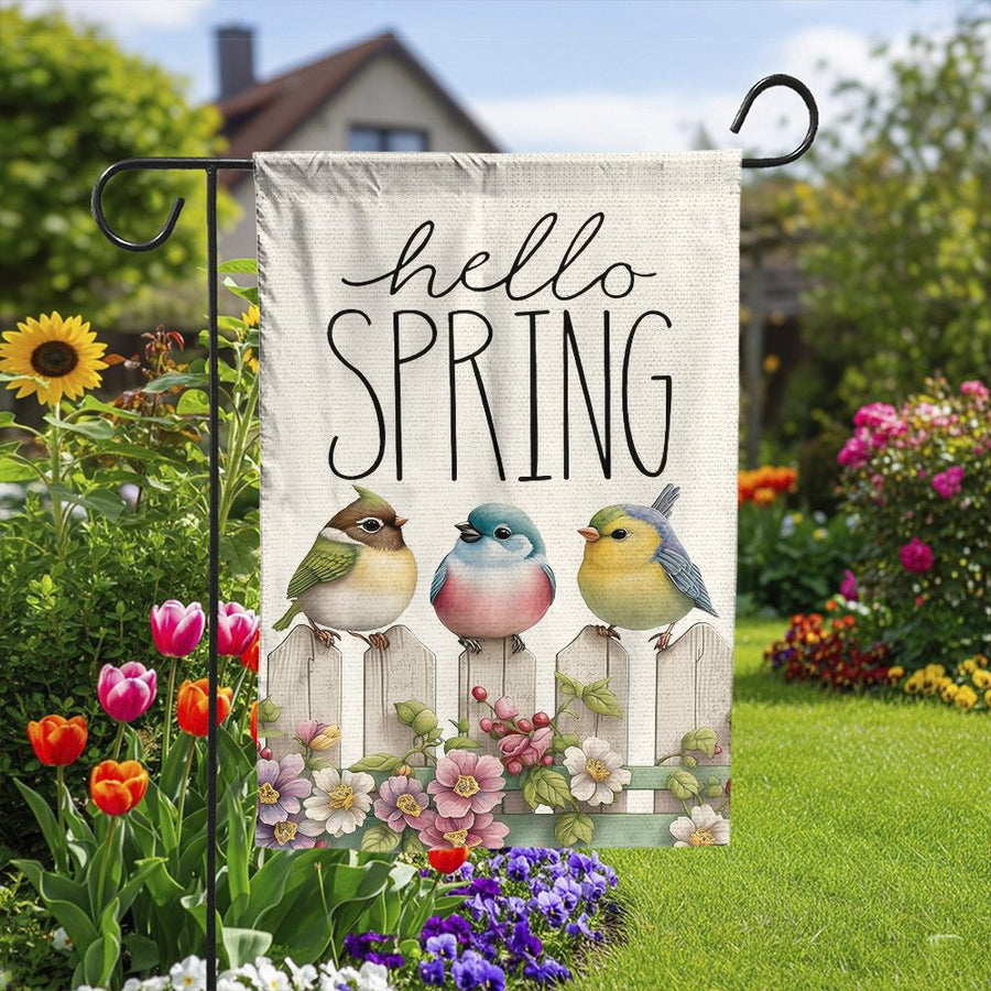 Hello Spring Garden Flag | Watercolor Birds & Floral Fence Art | Weather-Resistant Polyester | Outdoor Seasonal Decor Gift