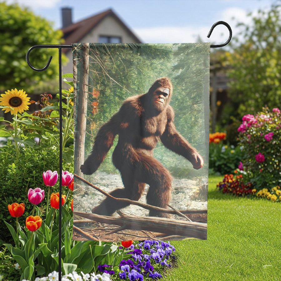 Bigfoot Garden Flag | Sasquatch Walking in Woods Scene | Weather-Resistant Double Sided Fabric | Funny Outdoor Yard Decor Gift for Believers
