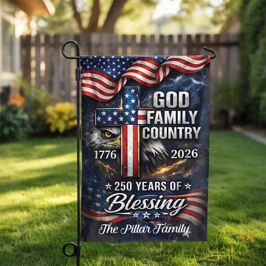 God Family Country Garden Flag | USA 250th Anniversary Eagle Cross | Weather Resistant Polyester | Patriotic Home Decor Gift for Veterans