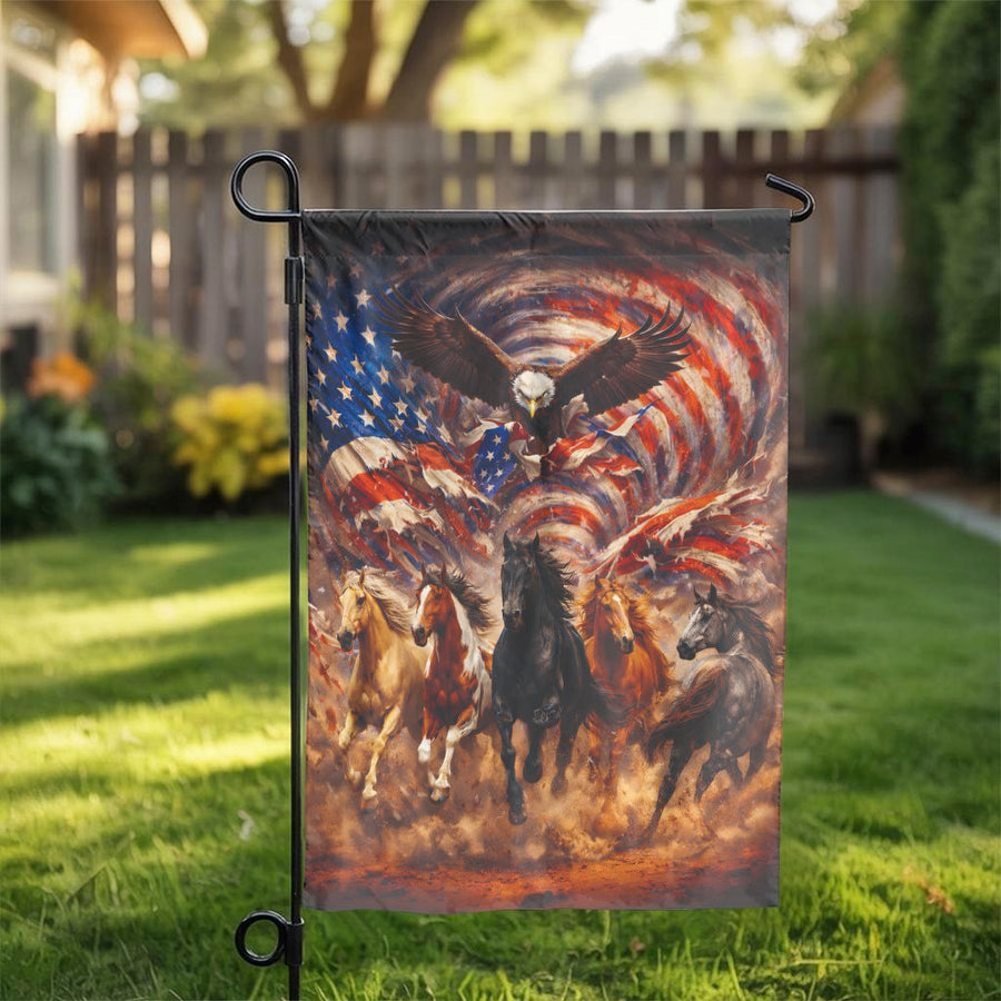 Patriotic Eagle Horse Garden Flag | American Flag with Running Horses | Double-Sided Weather-Resistant Fabric | Outdoor Decor Gift for Veterans