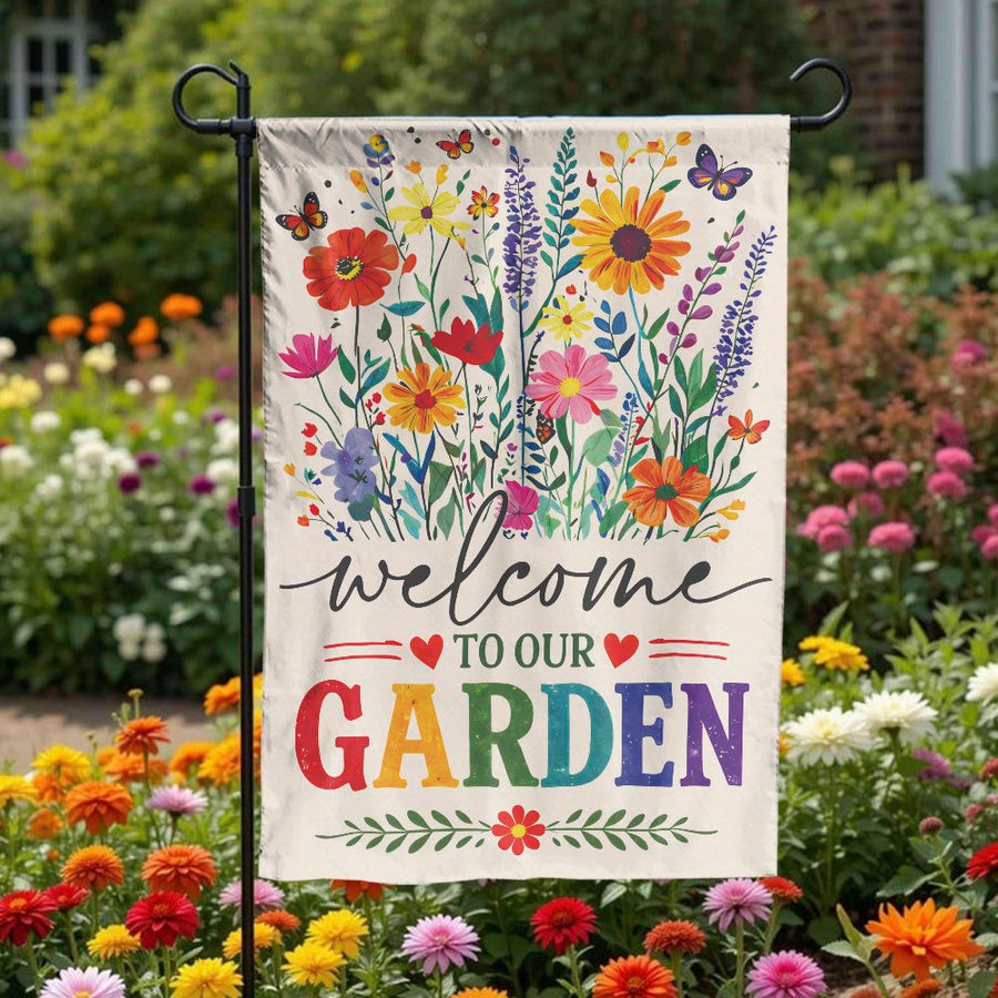Welcome Garden Flag | Colorful Wildflower & Butterfly Illustration | Premium Weather Resistant Fabric | Front Yard & Patio Decor Gift