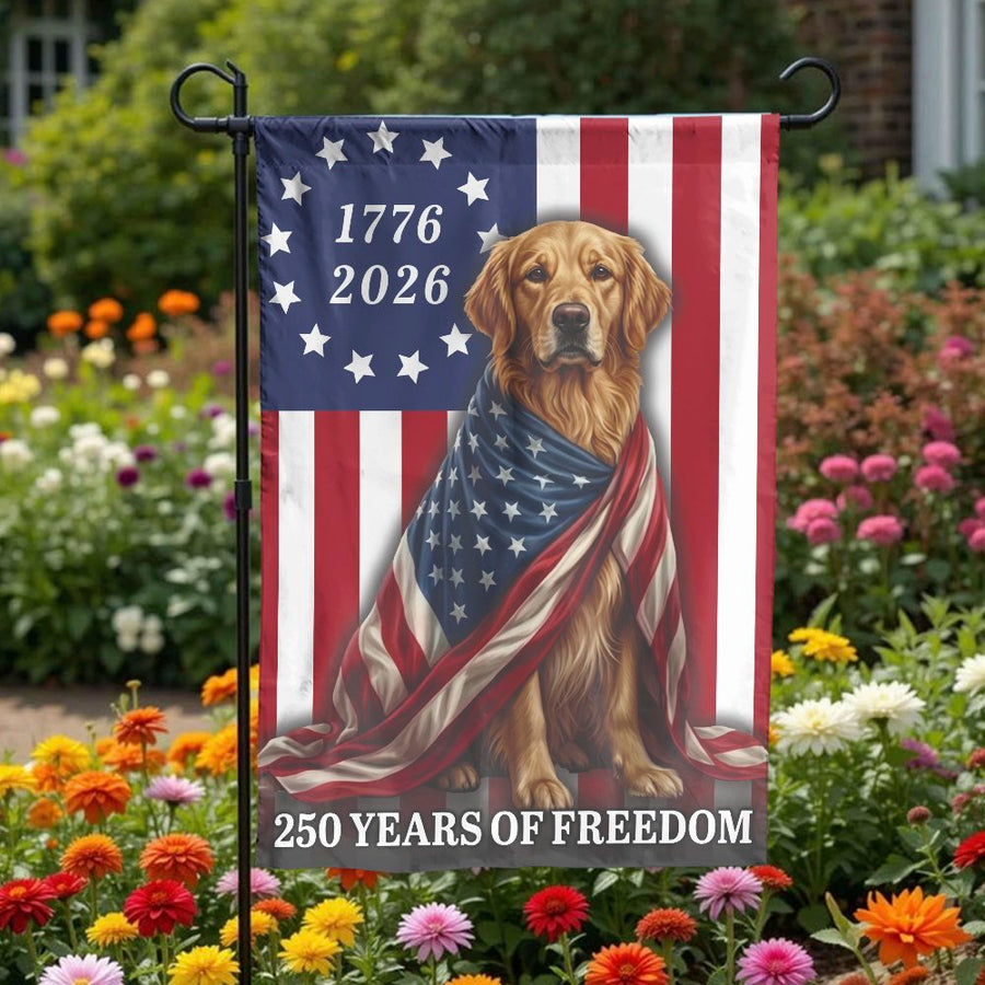 Patriotic Golden Retriever Garden Flag | 250th Anniversary USA 1776-2026 Design | Double Sided Weather Resistant Polyester | Commemorative Gift for Dog Lovers