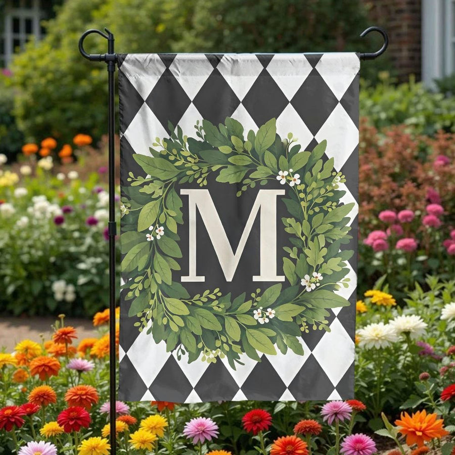 Monogram Garden Flag | Letter M Greenery Wreath & Harlequin Design | Double Sided Polyester | Outdoor Yard Decor Gift