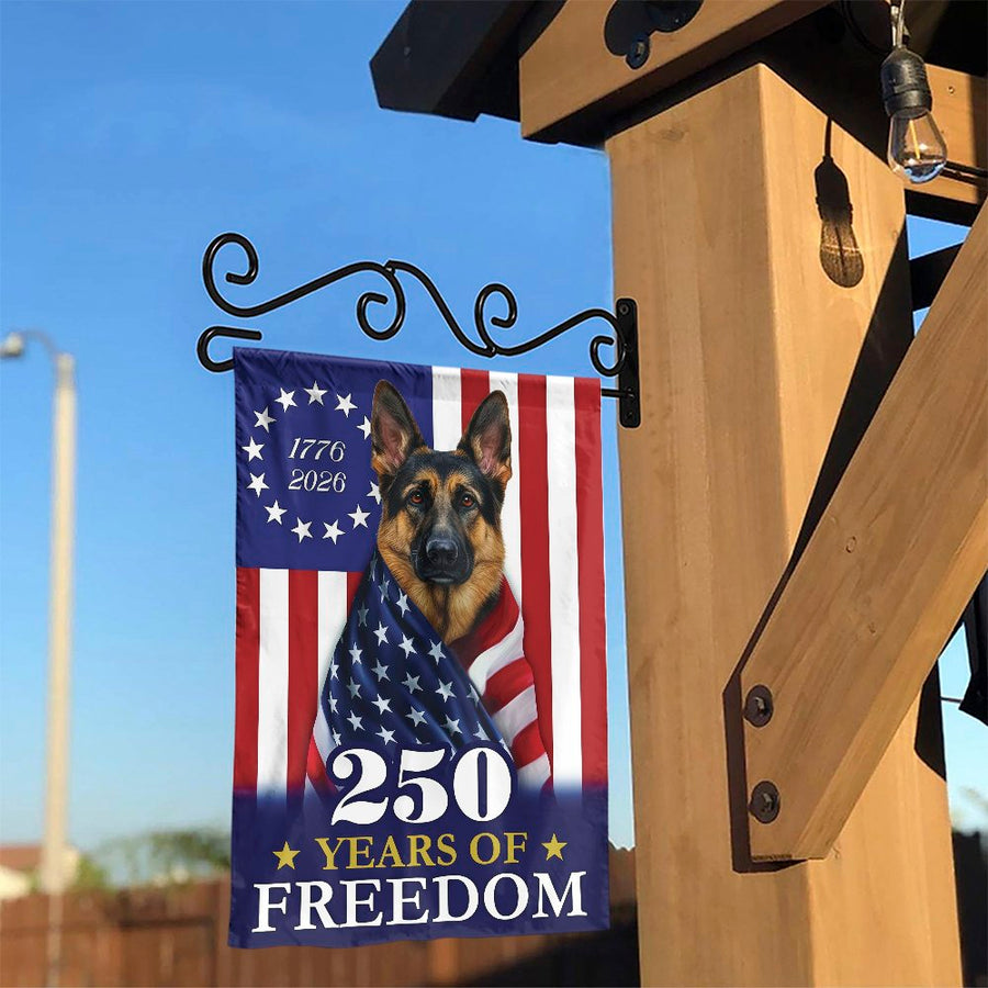 Patriotic German Shepherd Garden Flag | 250th Anniversary American Flag Design | Double Sided Weatherproof Polyester | Gift for Dog Lover