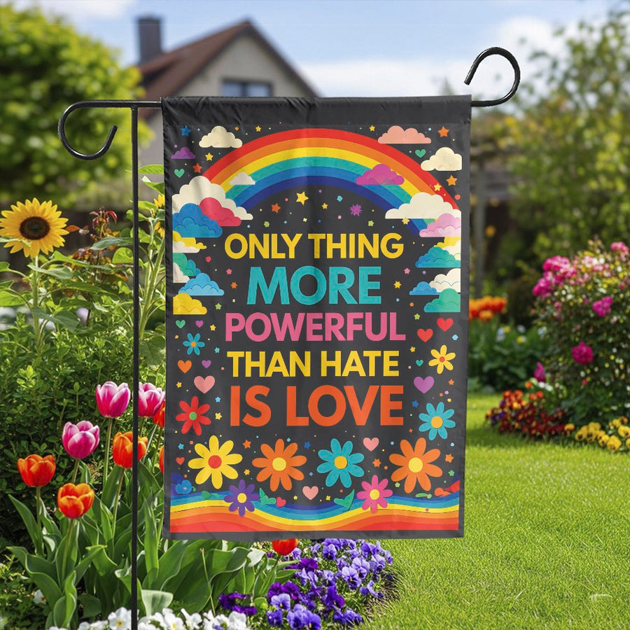 Love Over Hate Garden Flag | Vibrant Retro Rainbow & Flowers | Double-Sided Polyester | LGBTQ Pride Porch Decor Gift