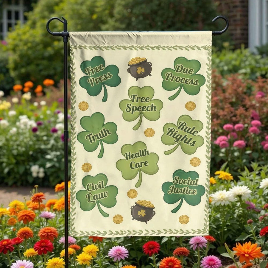 St Patrick's Day Shamrock Garden Flag | Social Justice Clover Design | Double-Sided Weather-Resistant Polyester | Outdoor Yard Decor Gift