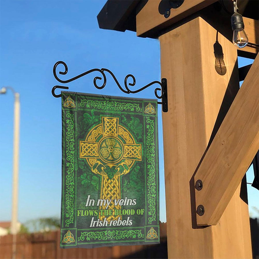 Irish Rebel Celtic Cross Garden Flag | Blood of Irish Rebels Quote | Weather Resistant Double Sided Fabric | St. Patrick's Day Yard Decor Gift