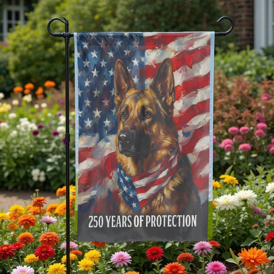 German Shepherd Garden Flag | Patriotic American Flag Portrait | Double Sided Polyester | USA 250th Anniversary Gift for Dog Lovers