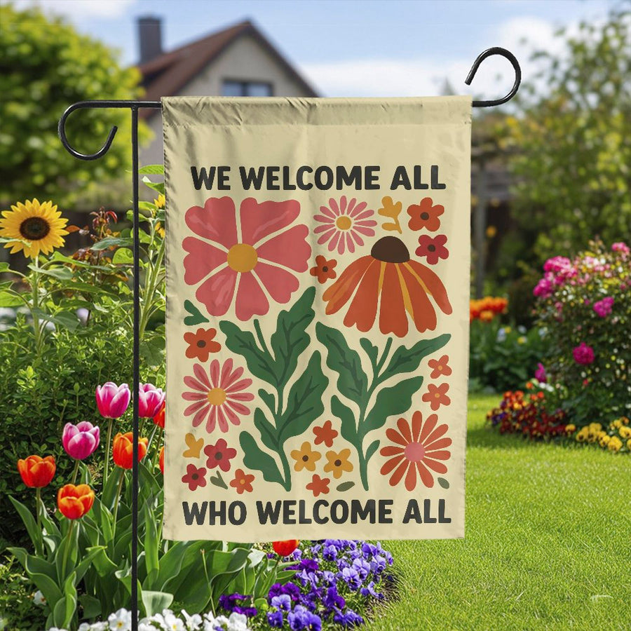We Welcome All Garden Flag | Retro Floral Wildflower Design | Double Sided Weather Resistant | Inclusive Home & Yard Decor Gift