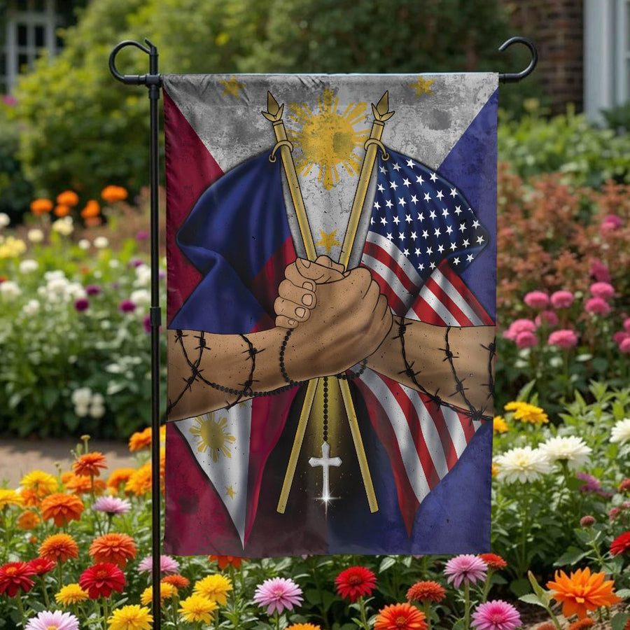 Filipino American Unity Garden Flag | Double-Sided Pinoy Pride Handshake Art | Weather-Resistant Polyester | Gift for Filipino American Heritage
