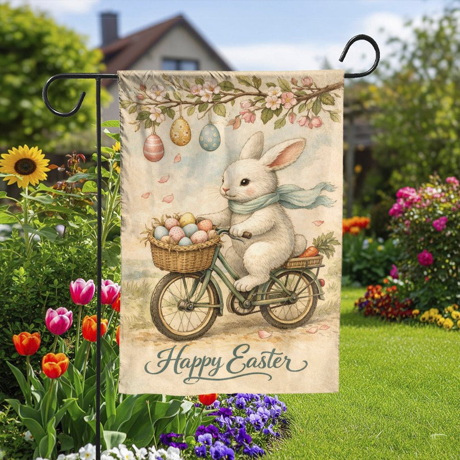 Happy Easter Garden Flag | Vintage Bunny on Bicycle Illustration | Double-Sided Weather Resistant | Outdoor Spring Yard Decor Gift