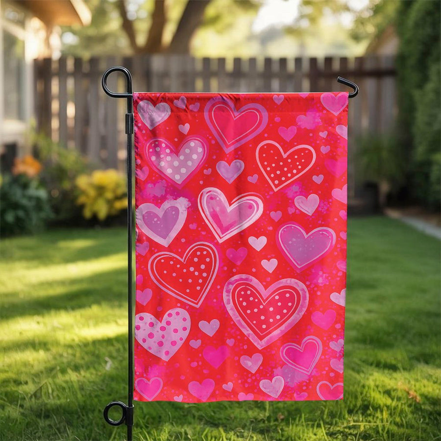 Valentine's Heart Garden Flag | Double Sided Pink Love Hearts Print | Premium Weather-Resistant Fabric | Seasonal Yard & Outdoor Decor Gift