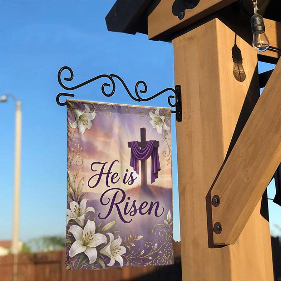 He is Risen Garden Flag | Christian Easter Cross with Lilies | Double Sided Polyester | Religious Home Decor Welcome Gift