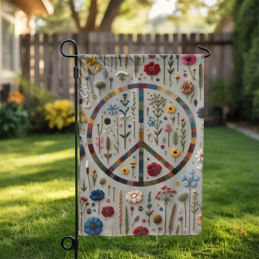 Floral Peace Sign Garden Flag | Boho Wildflower Yard Decor | Weather Resistant Double Sided Polyester | Decorative Gift for Gardener