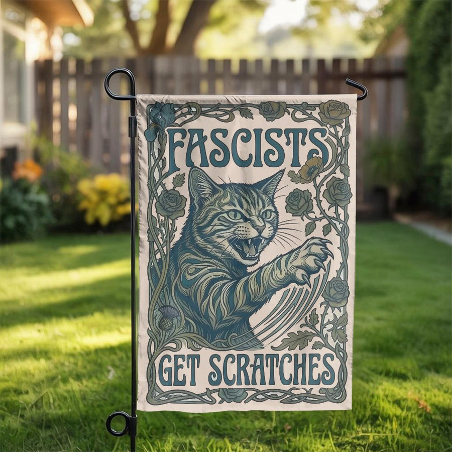 Anti-Fascist Cat Garden Flag | Fascists Get Scratches Art Nouveau Design | Double Sided Weatherproof Polyester | Gift for Activist & Yard Protest Sign