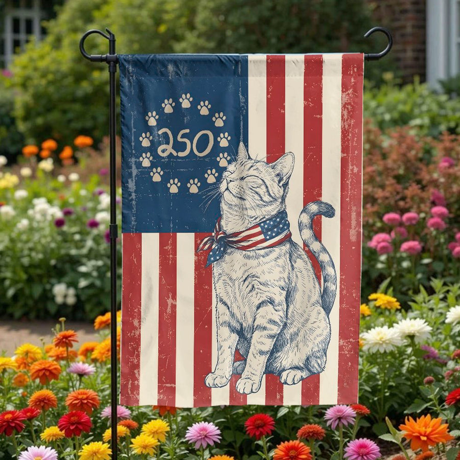 250th Anniversary Patriotic Cat Garden Flag | Vintage USA Flag Illustration | Double Sided Weatherproof Yard Decor | Commemorative Gift for Cat Lovers