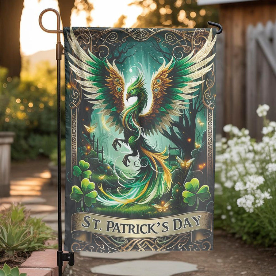 St. Patrick's Day Garden Flag | Mythical Irish Phoenix & Shamrock Art | Premium Double Sided Fabric | Seasonal Celtic Yard Decor Gift
