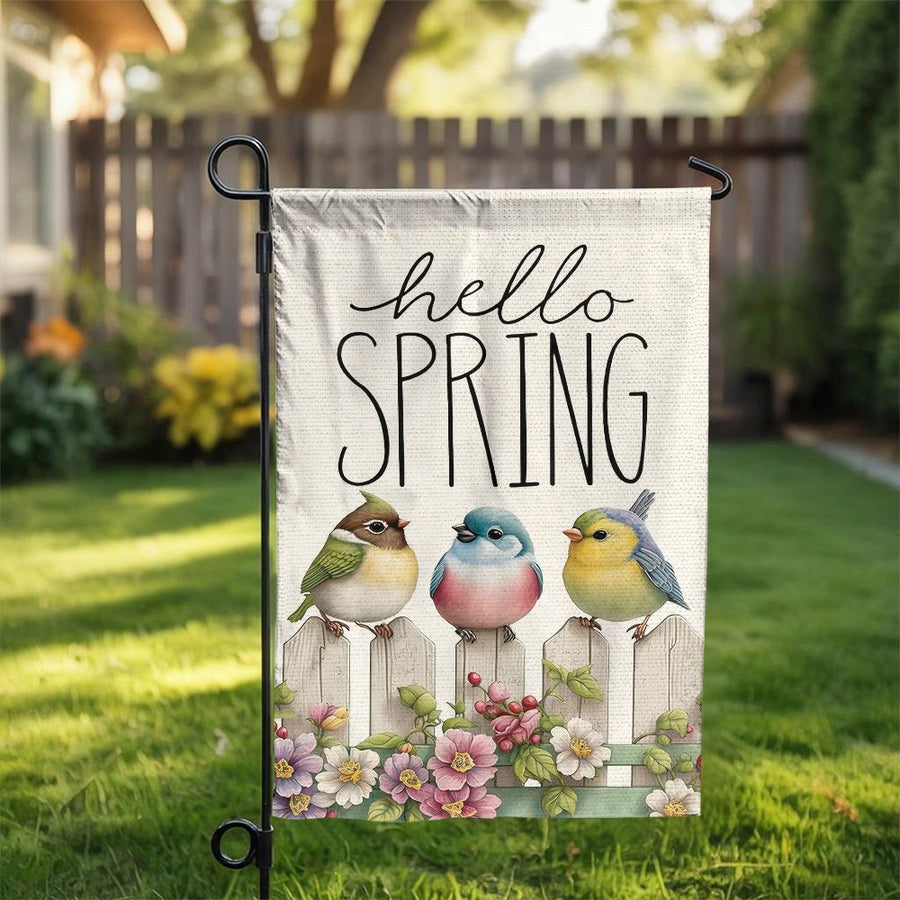 Hello Spring Garden Flag | Watercolor Birds & Floral Fence Art | Weather-Resistant Polyester | Outdoor Seasonal Decor Gift