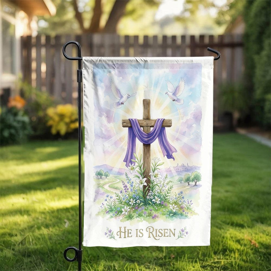 He is Risen Garden Flag | Jesus Resurrection Cross with Doves | Weather-Resistant Double-Sided | Christian Easter Decor Gift