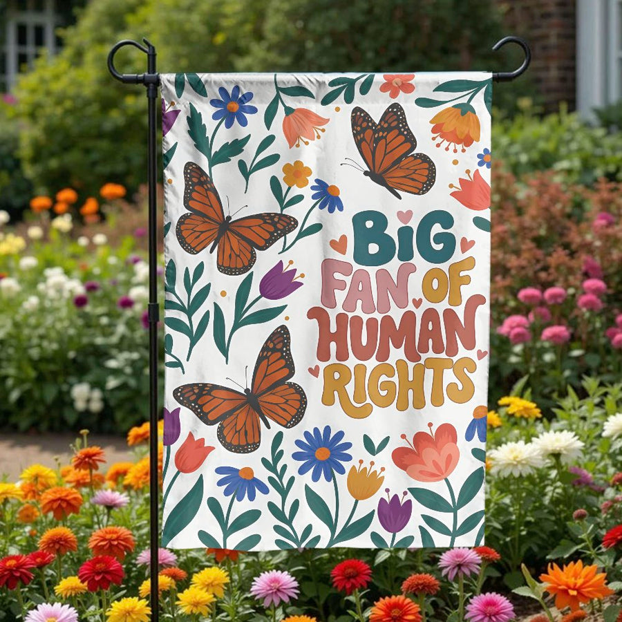 Human Rights Garden Flag | Retro Floral Butterfly Quote | Double Sided Weatherproof Polyester | Progressive Social Justice Yard Decor Gift