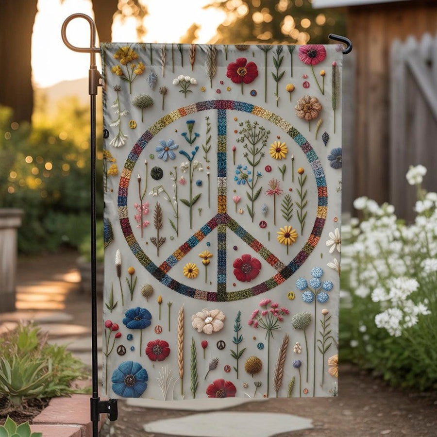 Floral Peace Sign Garden Flag | Boho Wildflower Yard Decor | Weather Resistant Double Sided Polyester | Decorative Gift for Gardener