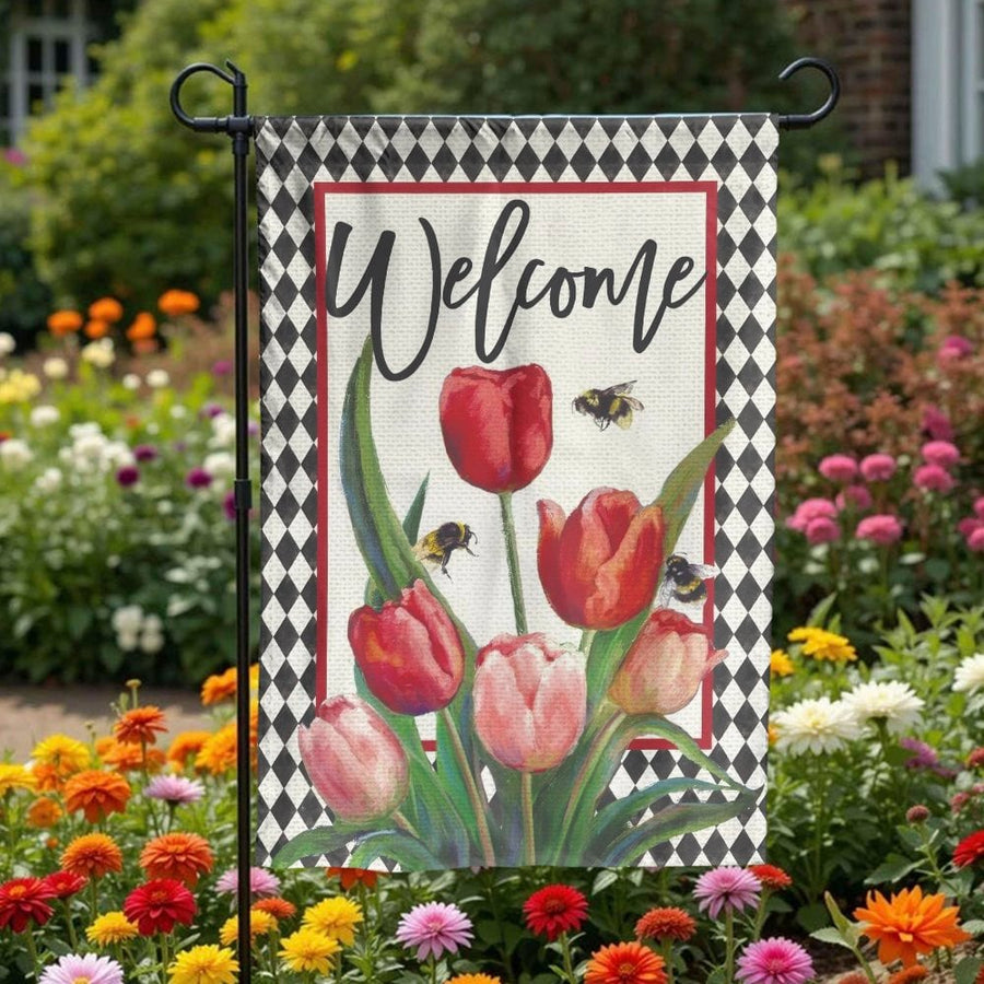Welcome Garden Flag | Red Tulips and Bumble Bee Design | Premium Weather-Resistant Polyester | Farmhouse Spring Outdoor Decor