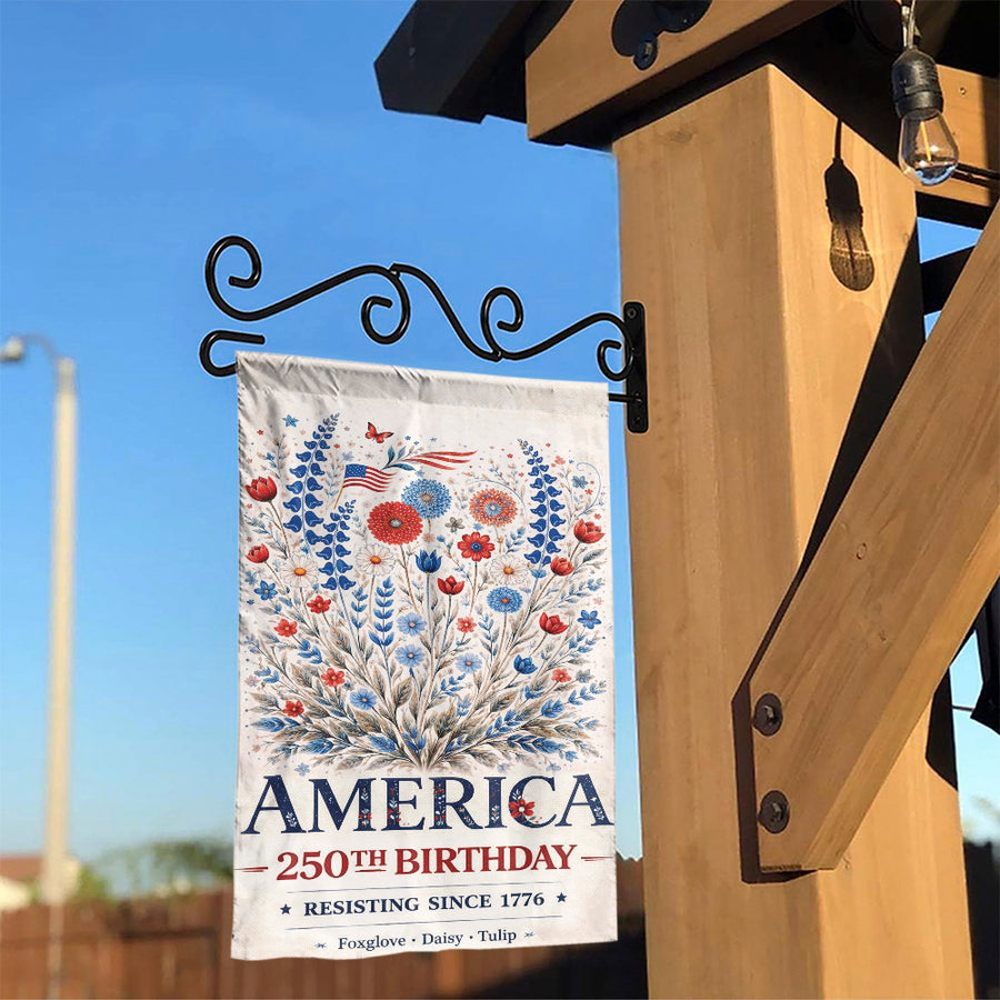 America 250th Birthday Garden Flag | Patriotic Wildflower Floral Art | Double Sided Weather Resistant | 4th of July Yard Decor Gift
