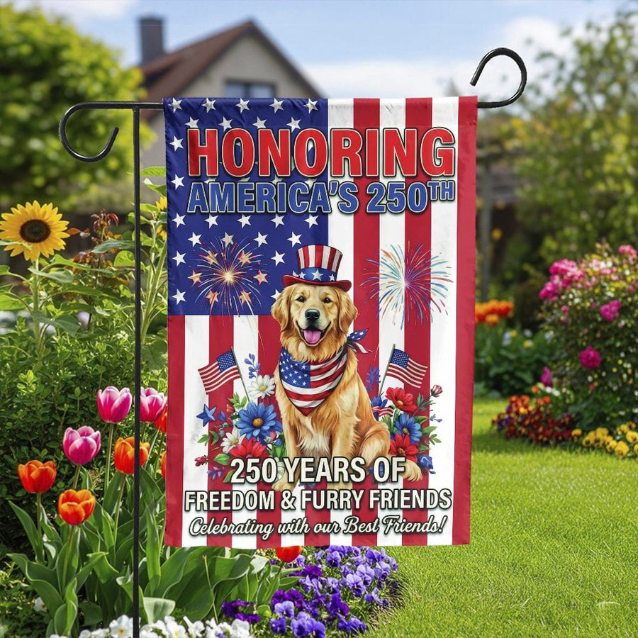 Patriotic USA 250th Anniversary Garden Flag | Golden Retriever & Furry Friends Design | Double Sided Polyester | Outdoor Decor Gift for Dog Lovers