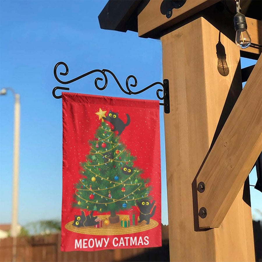 Meowy Catmas Garden Flag | Funny Black Cats Christmas Tree | Weather-Resistant Double Sided Print | Outdoor Holiday Decor Gift for Cat Lover