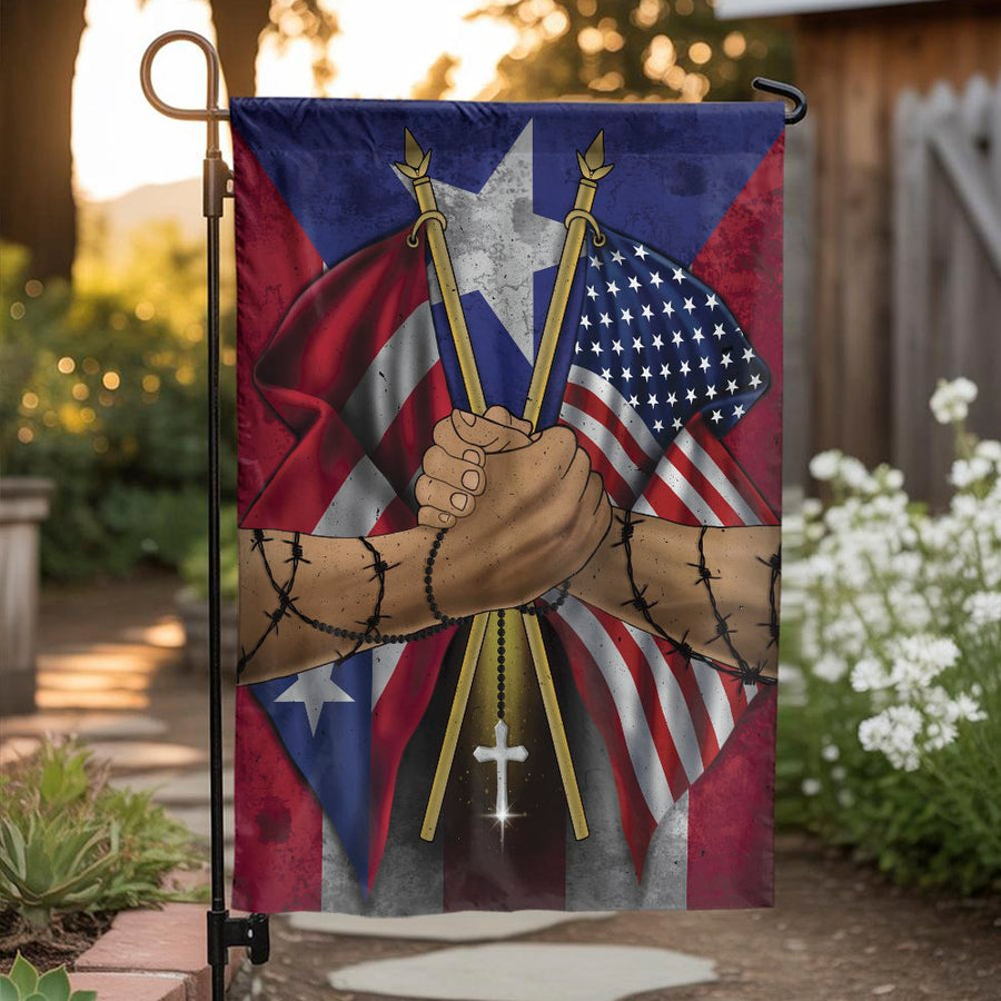 Puerto Rican American Unity Garden Flag | Boricua Pride Handshake Art | Weather Resistant Polyester | Patriotic Yard Decor Gift