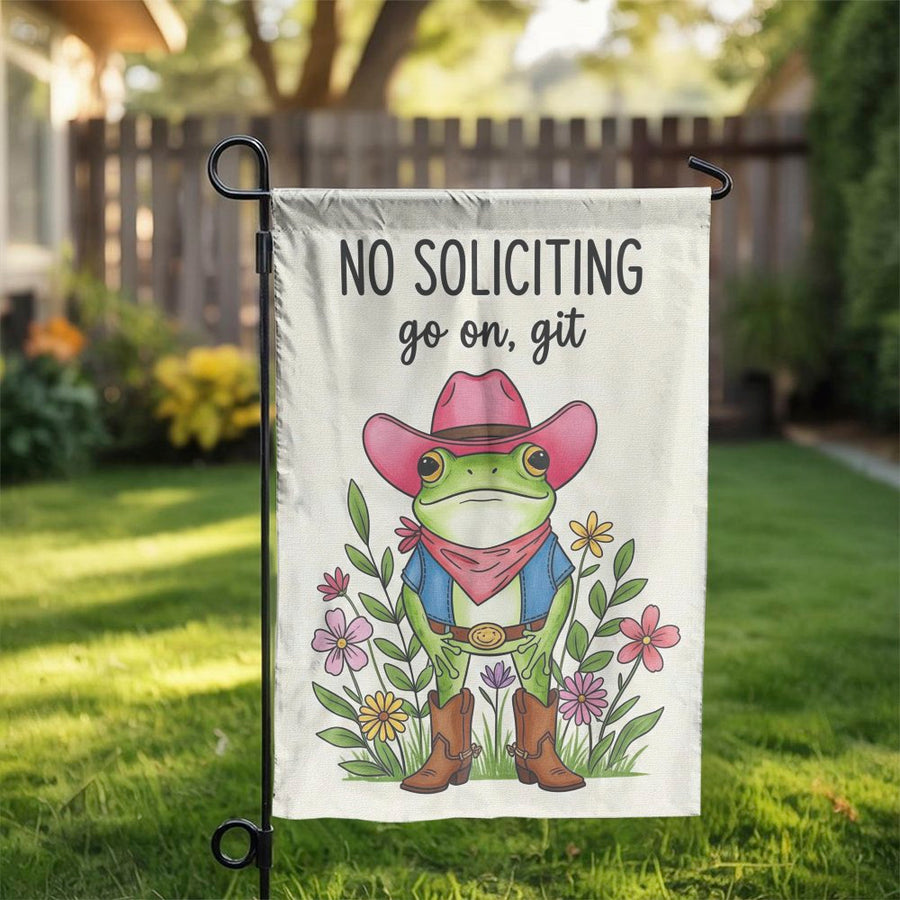 No Soliciting Garden Flag | Funny Cowboy Frog Outdoor Sign | Weather-Resistant Polyester | Farmhouse Porch Decor Gift
