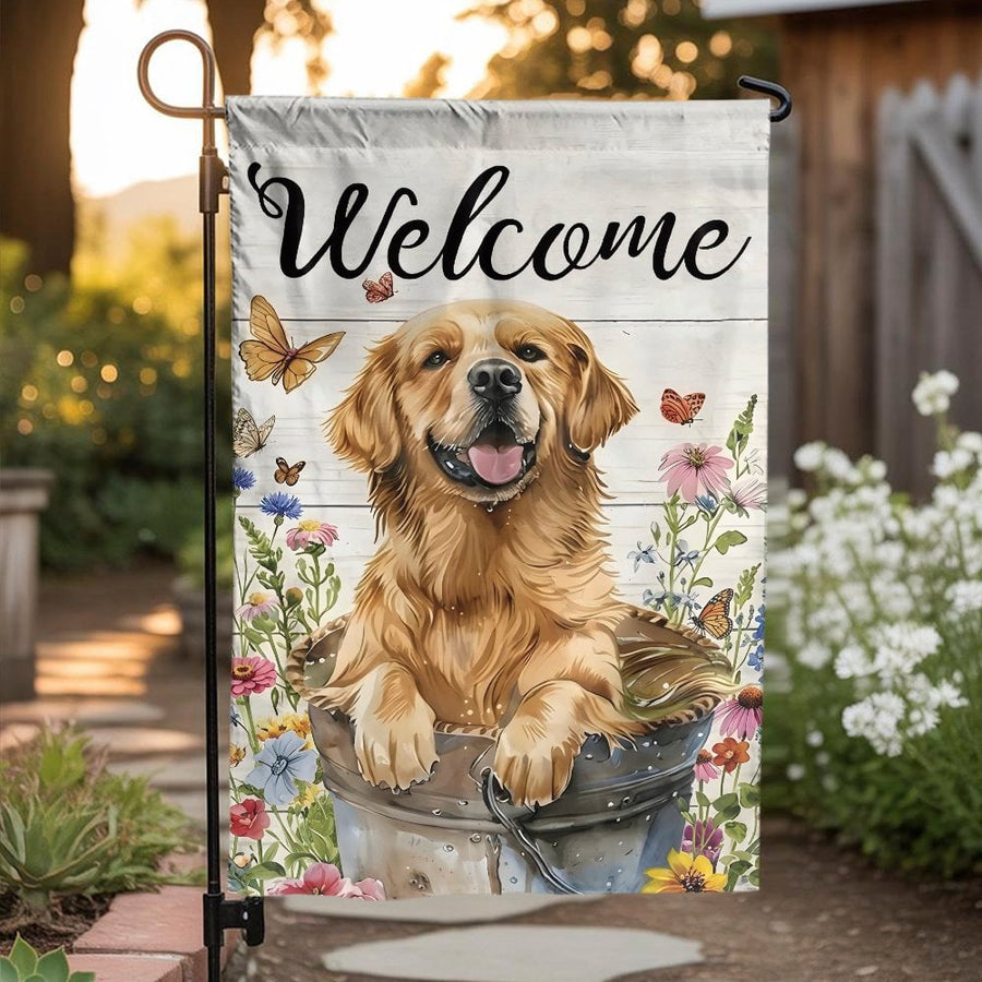 Golden Retriever Welcome Garden Flag | Watercolor Dog with Wildflowers | Double Sided Weather Resistant Fabric | Premium Yard Decor Gift for Dog Lovers