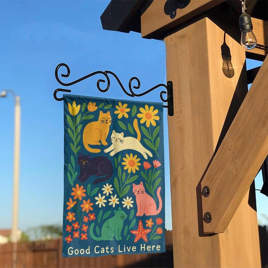 Good Cats Live Here Garden Flag | Colorful Floral Cat Illustration | Premium Double Sided Polyester | Welcome Sign Gift for Cat Mom
