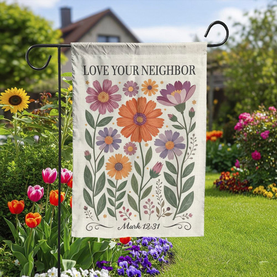 Love Your Neighbor Garden Flag | Mark 12:31 Bible Verse Art | Double Sided Premium Polyester | Inspirational Christian Home Gift
