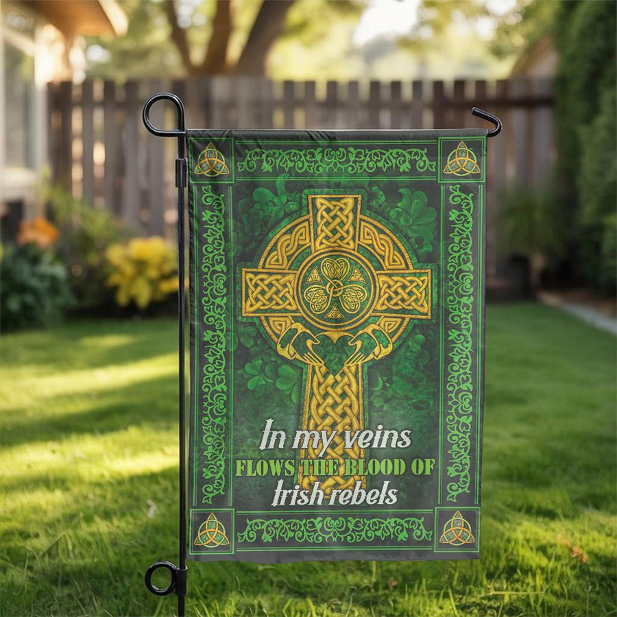Irish Rebel Celtic Cross Garden Flag | Blood of Irish Rebels Quote | Weather Resistant Double Sided Fabric | St. Patrick's Day Yard Decor Gift