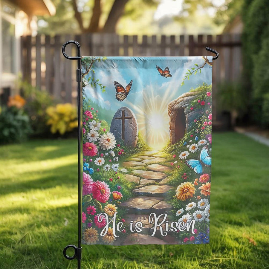 He Is Risen Garden Flag | Christian Empty Tomb Scene with Cross | Double Sided Polyester | Religious Easter Yard Decor Gift