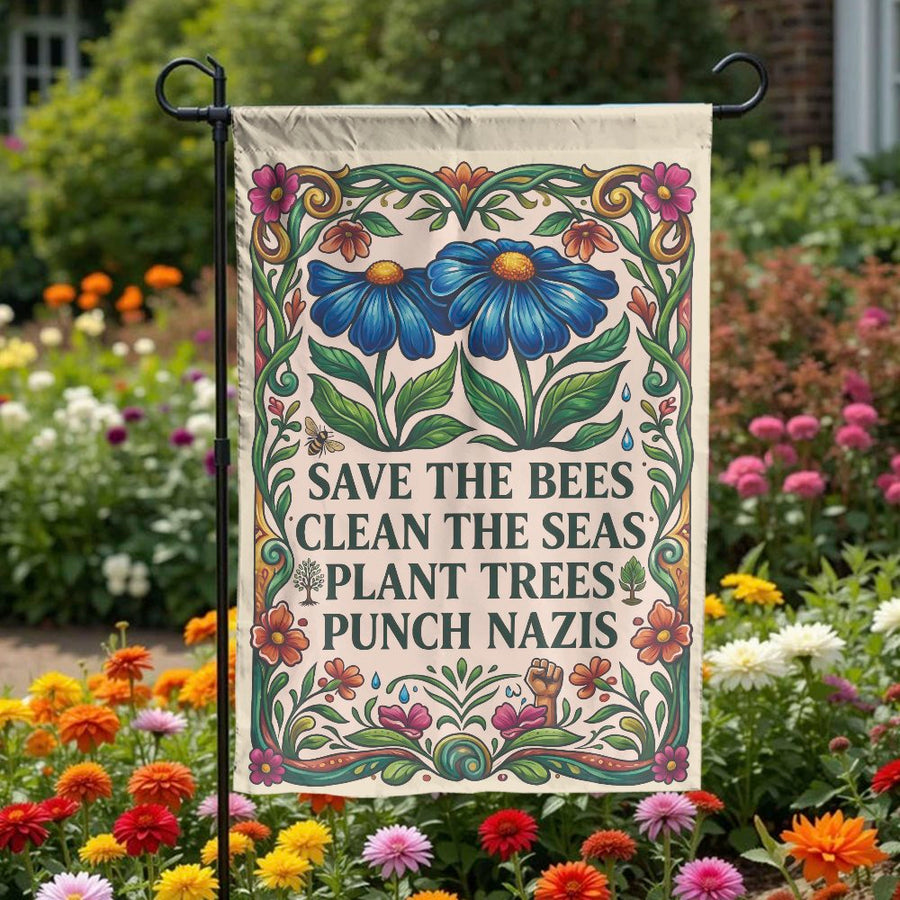 Progressive Garden Flag | Save The Bees Vintage Floral Print | Premium Double Sided Polyester | Anti-Fascist Activist Gift & Yard Decor