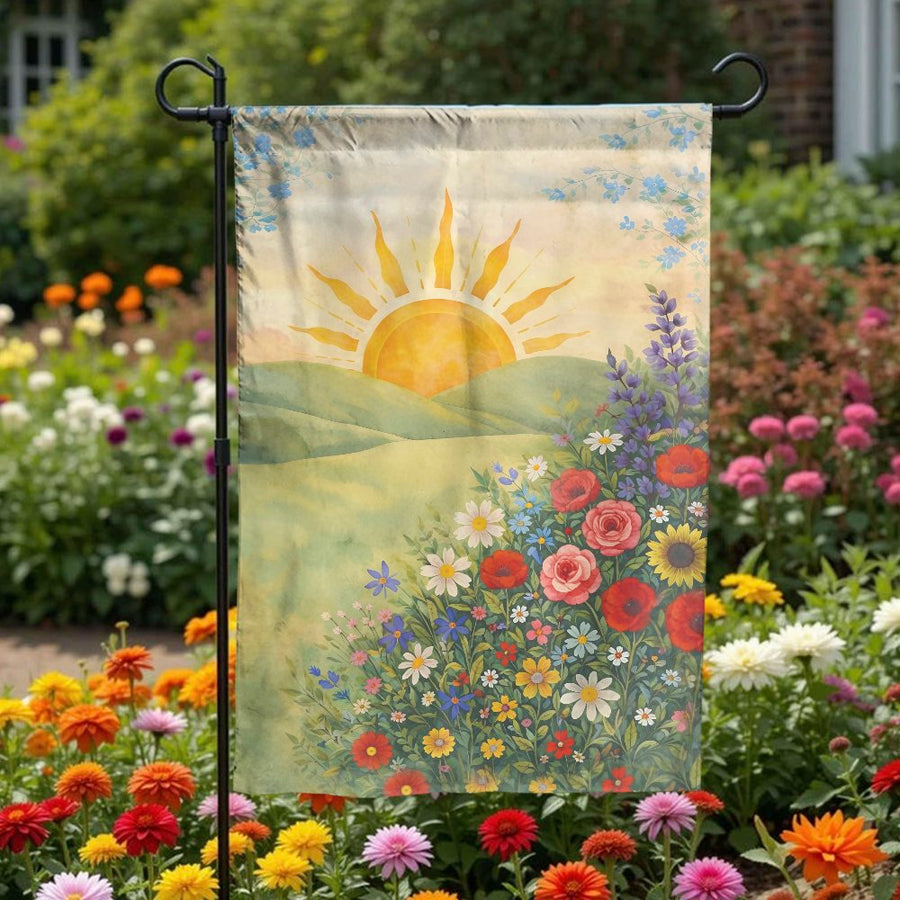 Watercolor Wildflower Garden Flag | Sunrise Over Rolling Hills Art | Premium Double Sided Polyester | Seasonal Outdoor Decor Gift