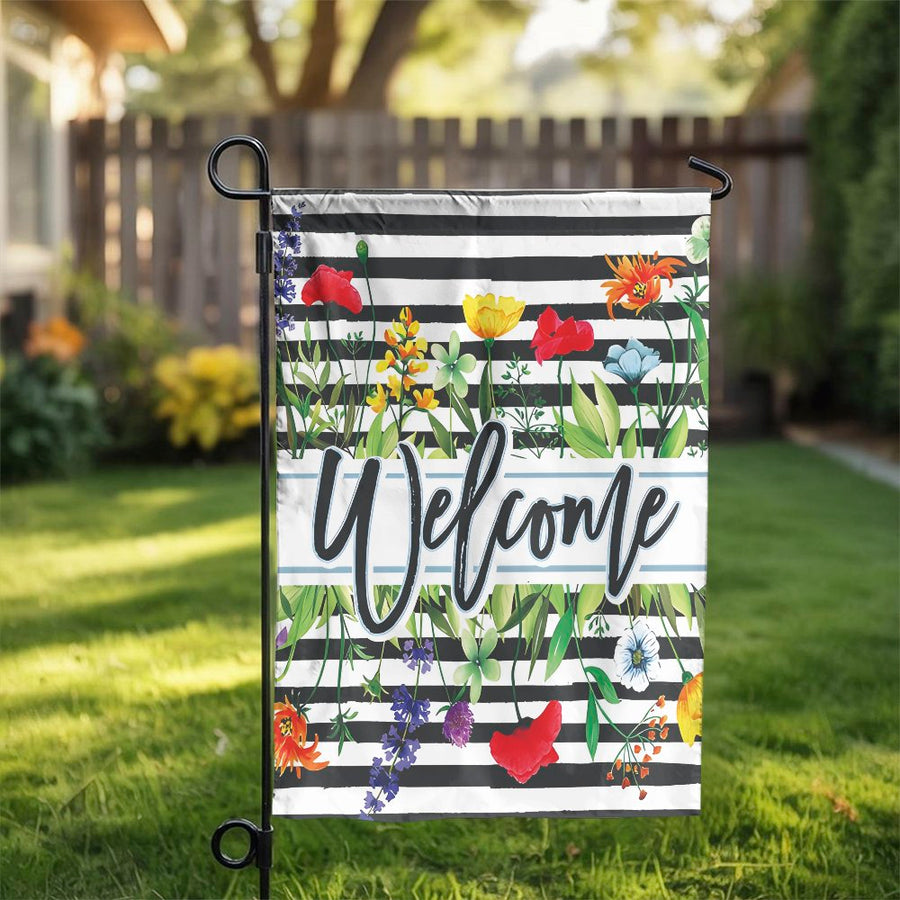Welcome Garden Flag | Double Sided Wildflower & Stripes Design | Weather Resistant Polyester | Outdoor Decor for Front Porch & Patio