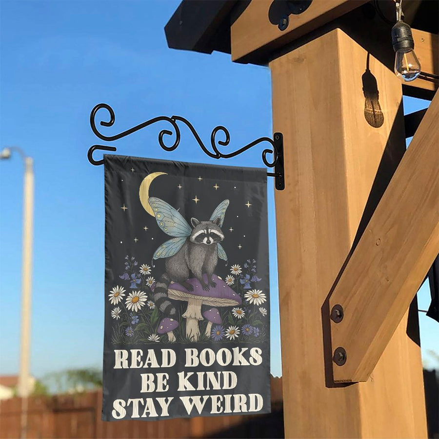 Read Books Stay Weird Garden Flag | Whimsical Fairy Raccoon Art | Double Sided Fade Resistant Polyester | Gift for Book Lovers Cottagecore Yard Decor