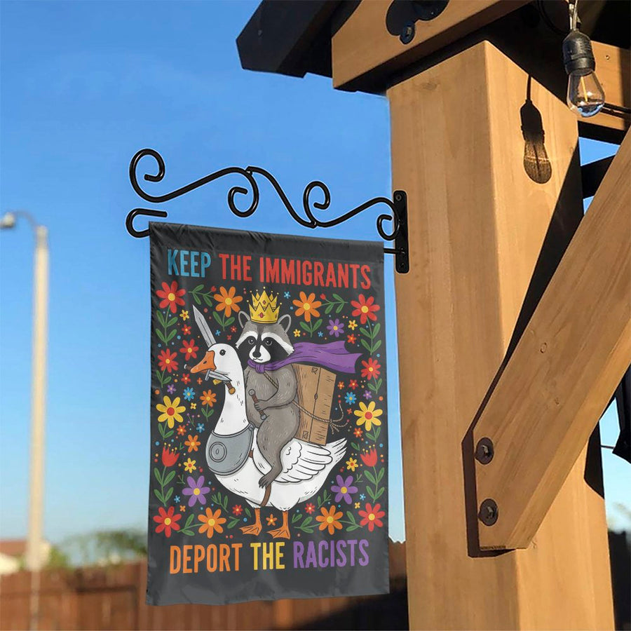 Pro Immigrant Garden Flag | Funny Raccoon Riding Goose Floral Art | Double-Sided Weather-Resistant Polyester | Progressive Home Decor Gift