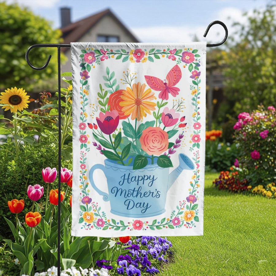 Happy Mother's Day Garden Flag | Watering Can Floral Design | Double Sided Weather-Resistant Polyester | Outdoor Yard Decor Gift for Mom