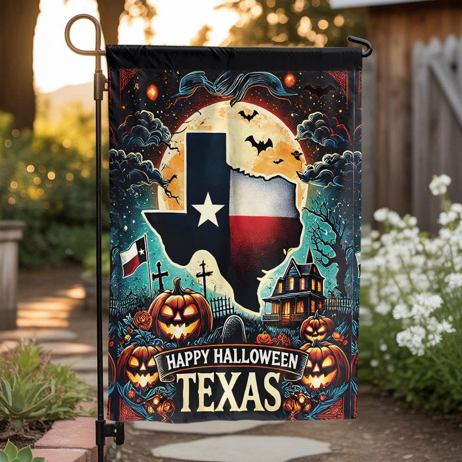 Texas Halloween Garden Flag | Spooky Haunted House & Pumpkin Design | Premium Double Sided Polyester | Outdoor Holiday Yard Decor Gift