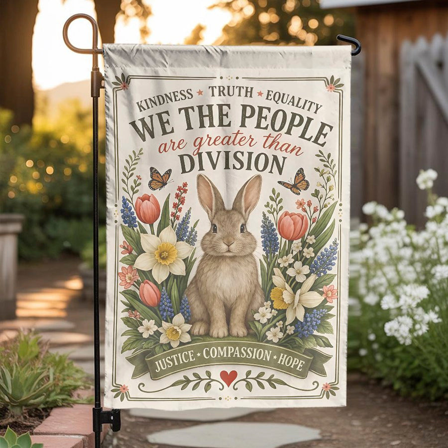 We The People Garden Flag | Cute Bunny with Spring Flowers | Double Sided Polyester Fabric | Political Unity & Kindness Yard Decor Gift
