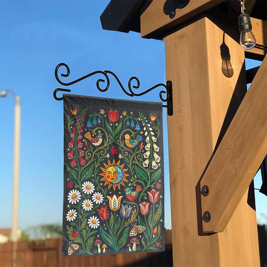Folk Art Garden Flag | Celestial Sun Moon & Wildflower Design | Double Sided Weatherproof Fabric | Premium Yard Decor Gift