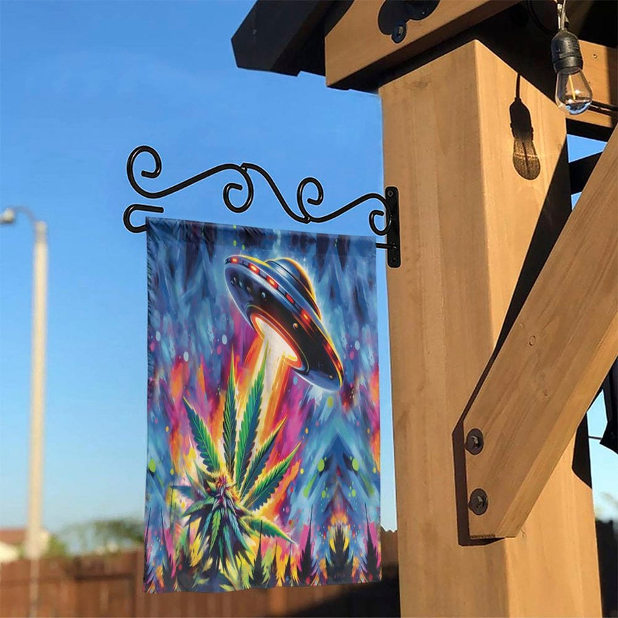 Alien UFO Cannabis Garden Flag | Psychedelic Alien Harvest Art | Weather-Resistant Double Sided | Funny Stoner Yard Decor Gift